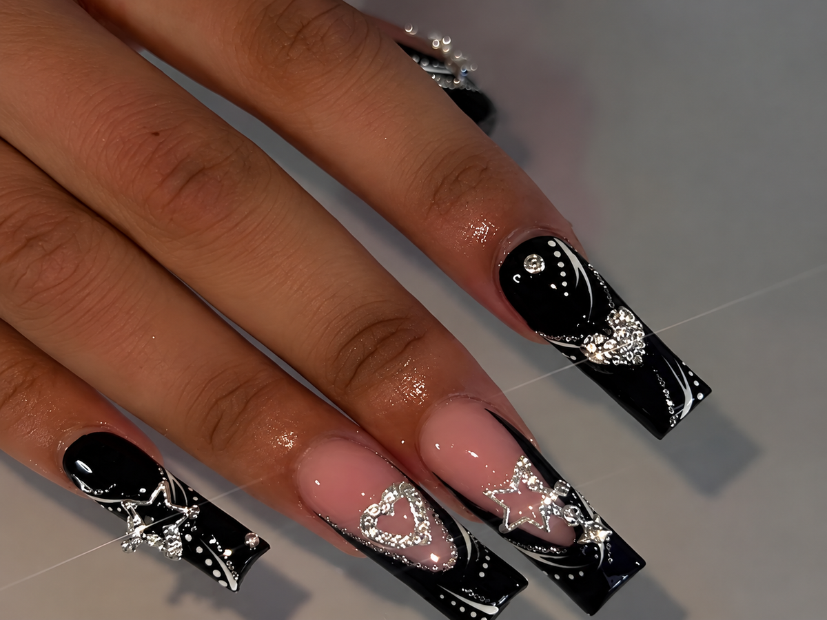 Long Black & Pink French Press-On Nails with Silver Rhinestone Hearts and Stars
