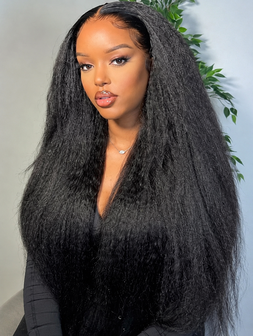 Long Kinky Straight Lace Front Synthetic Wig – Natural Black