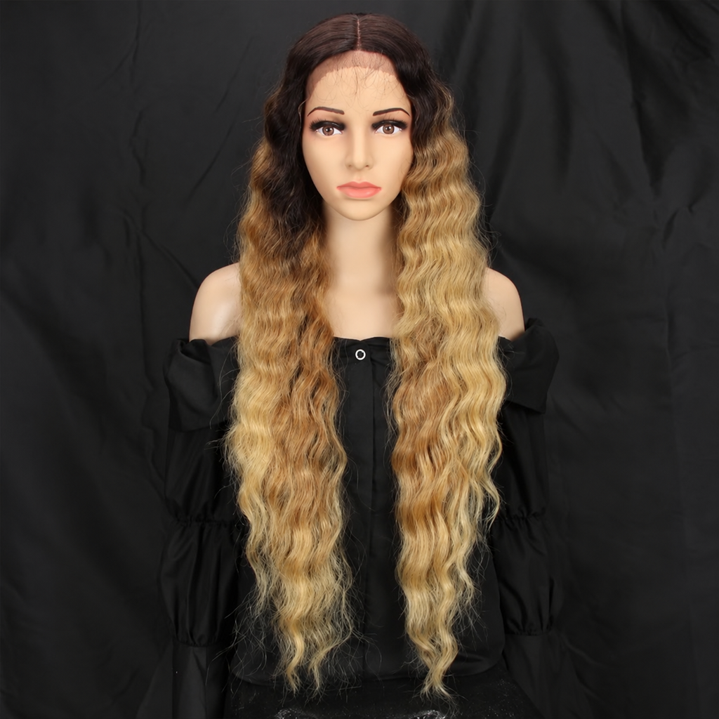 Long Deep Wave Synthetic Wig with Blonde Highlights – Brown Ombre