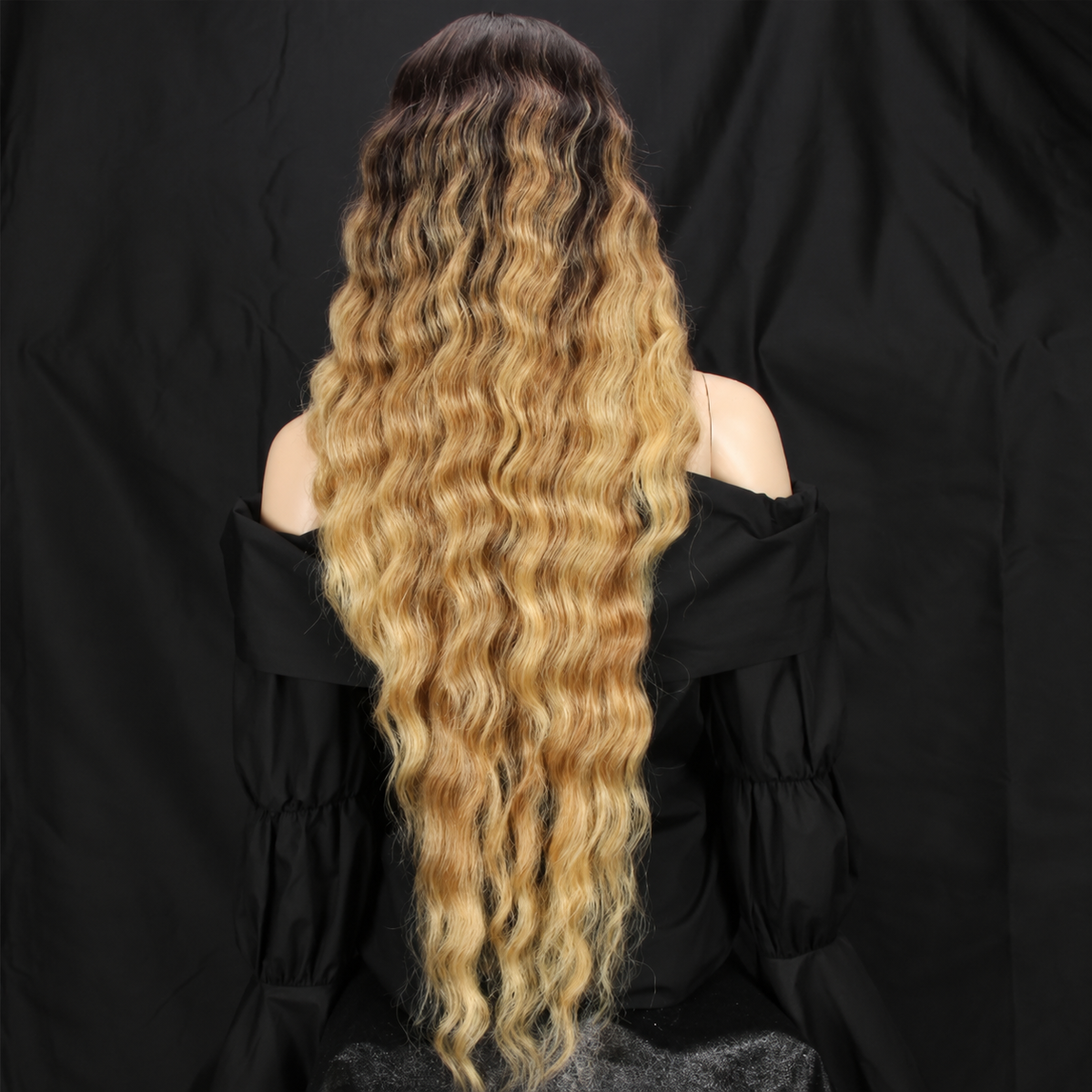 Long Deep Wave Synthetic Wig with Blonde Highlights – Brown Ombre