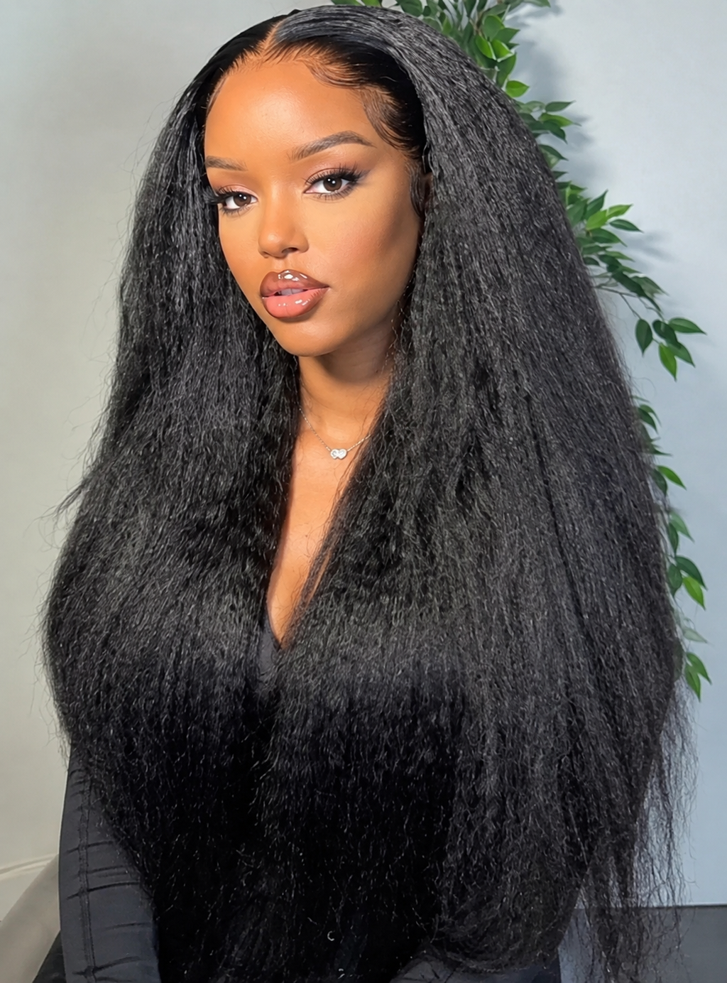 Long Kinky Straight Lace Front Synthetic Wig – Natural Black